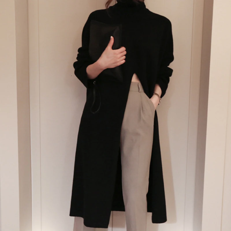 Split Black Sweater Women Long Sleeve Turtleneck Knitted Pullover Tops Female Clothes Korean 2019 Winter New