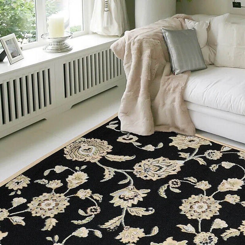 Black Oriental Floral Area Rug 5x8 Leaves Persien Carpet - Actual 5' 2 2