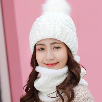 

Women Home Faux Fur Beanie Knitting Baggy Shopping Fleece Hat Scarf Set Soft Slouchy Winter Keep Warm Ski Cap