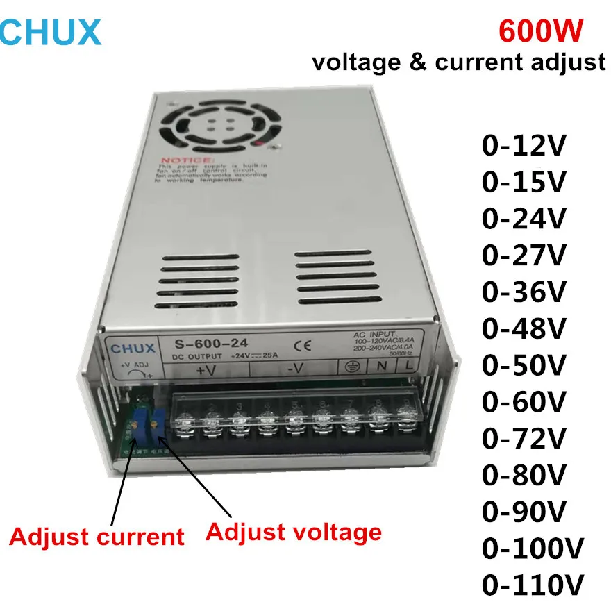 Comutação da Fonte de Alimentação Ajustável e Atual-12v Chux Tensão 24v 27v 36v 48v 50v 60v 72v 80v 90v 100v 110v Levou Smps 0 600w 15v
