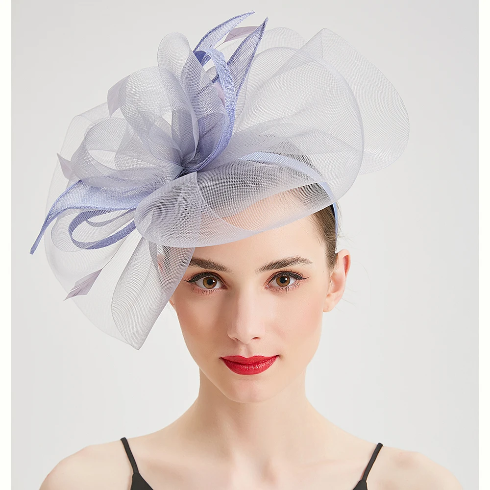 Женские королевские свадебные вуалетки шляпа элегантная церковная шляпа фиолетовое перо с вуалью повязка на голову женский головной убор вечерние винтажные фетровые шляпы