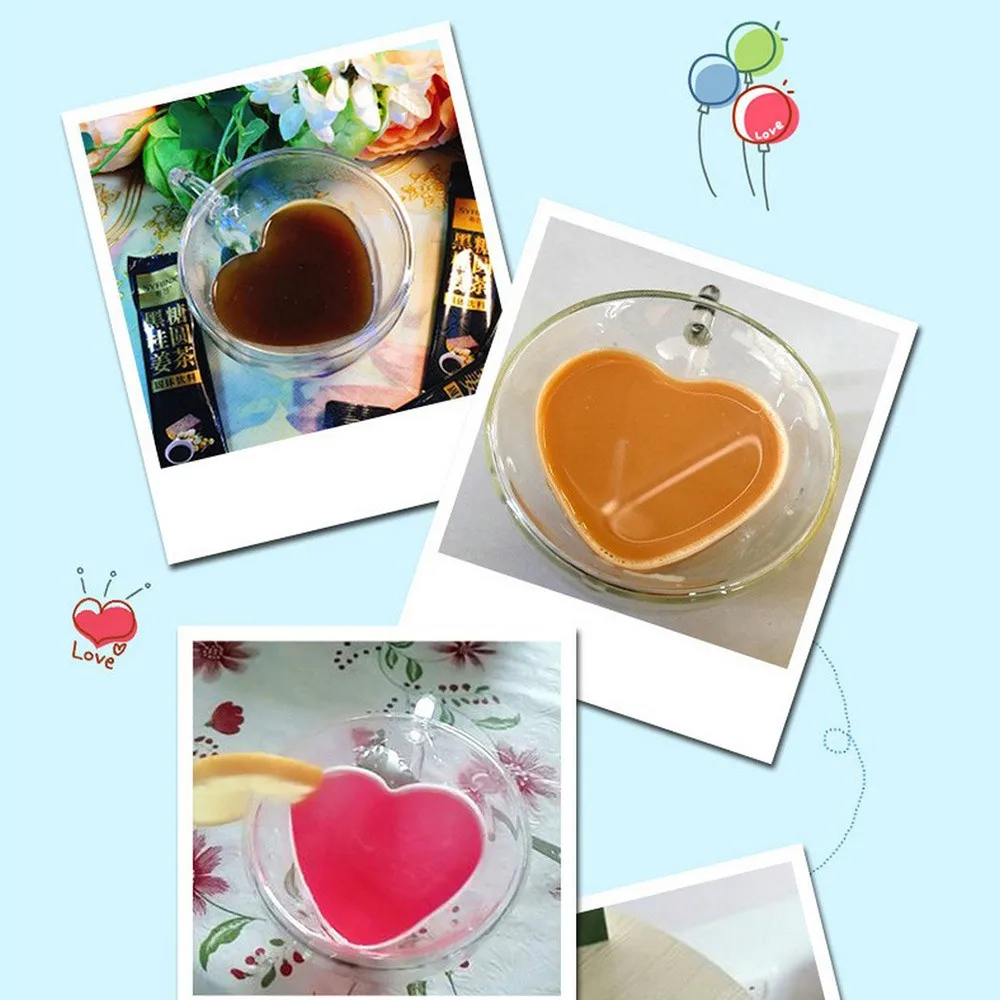 180/240 мл стеклянная кружка в форме сердца с двойными стенками, устойчивая чайная чашка, чашка для молока, сока, посуда для напитков, кофейные чашки, кружка, подарок