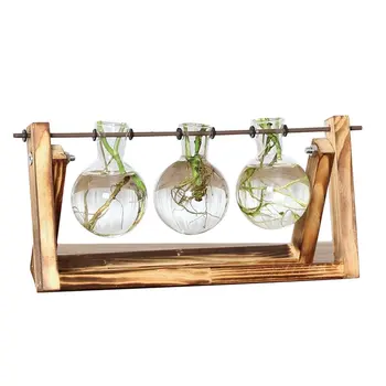

Desktop Glass Planter Bulb Vase with Retro Solid Wooden Stand and Metal Swivel Holder for Hydroponics Plants Home Office Decor