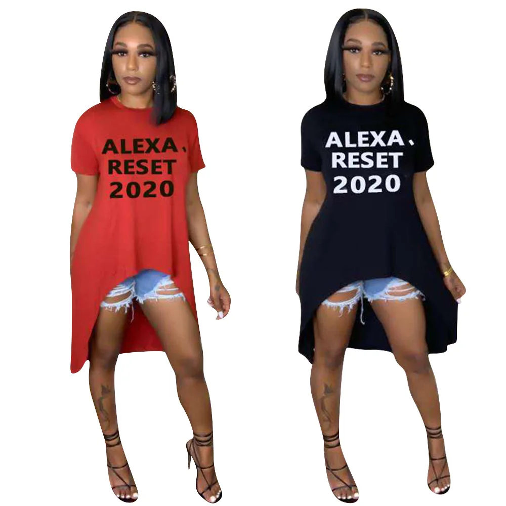 Echoine 2020 Summer Alexa Reset 2020 Letter Print Women O-neck Short Sleeve Irregular Long T-shirt fashion casual Party Tee