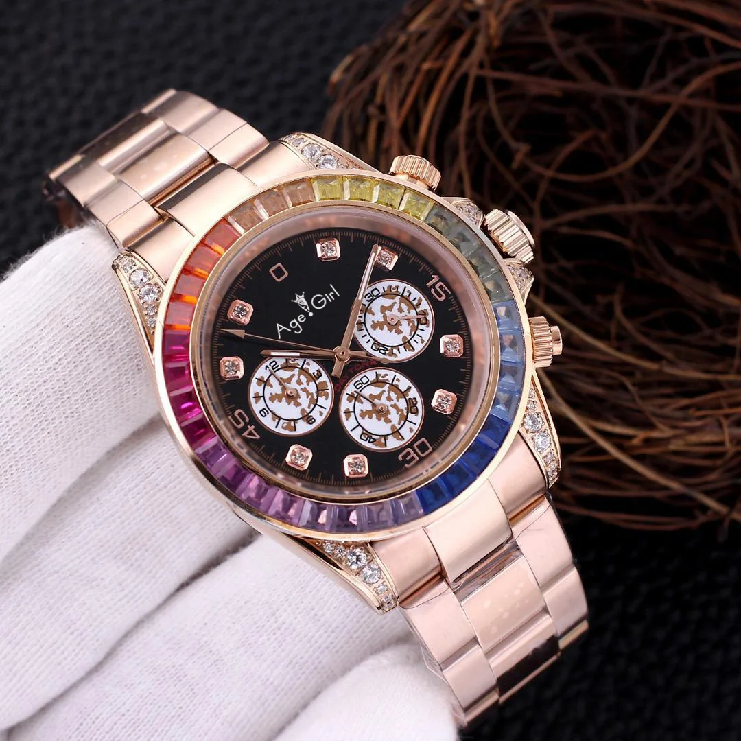 

LuxuryNew Brand Men Automatic Mechanical Rainbow Diamonds Bezel Stainless Steel Rose Gold Black White Classic Sport Watch AAA+