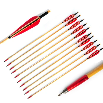 

31 Inches Wooden Arrow Diameter 8mm with 3 Inches Real Feather Steel Arrowhead for Longbow Archery Training Hunting
