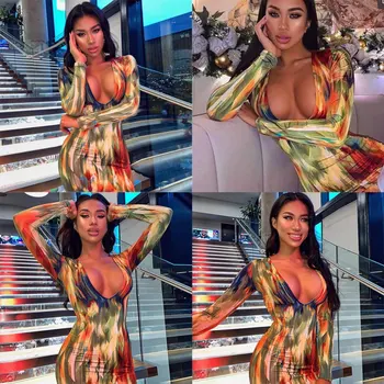 

Europe The United States Explosion Models 2020 Spring Three-dimensional Pattern Printing Sexy V-neck Long-sleeved Dress new