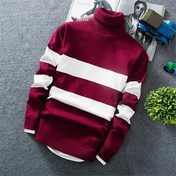 

2019 New Brand Casual Thick Warm Men Sweater Turtleneck Slim Fit Knitting Men's Christmas Sweaters Striped Fleece Pullover Men