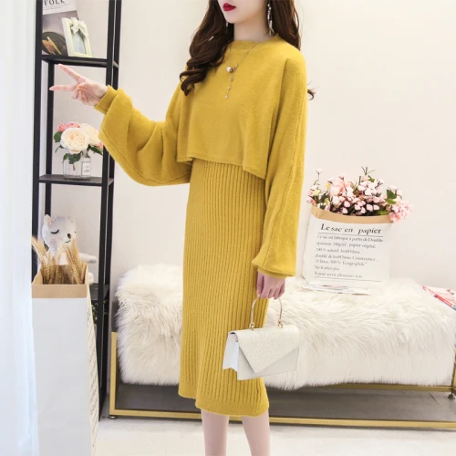 

Aihuyigui 2019 Autumn Winter Women Knitted Sweater Suit 2 Piece Elegant Pink Green Loose Sweater Dress + O-neck Top Set Dr759