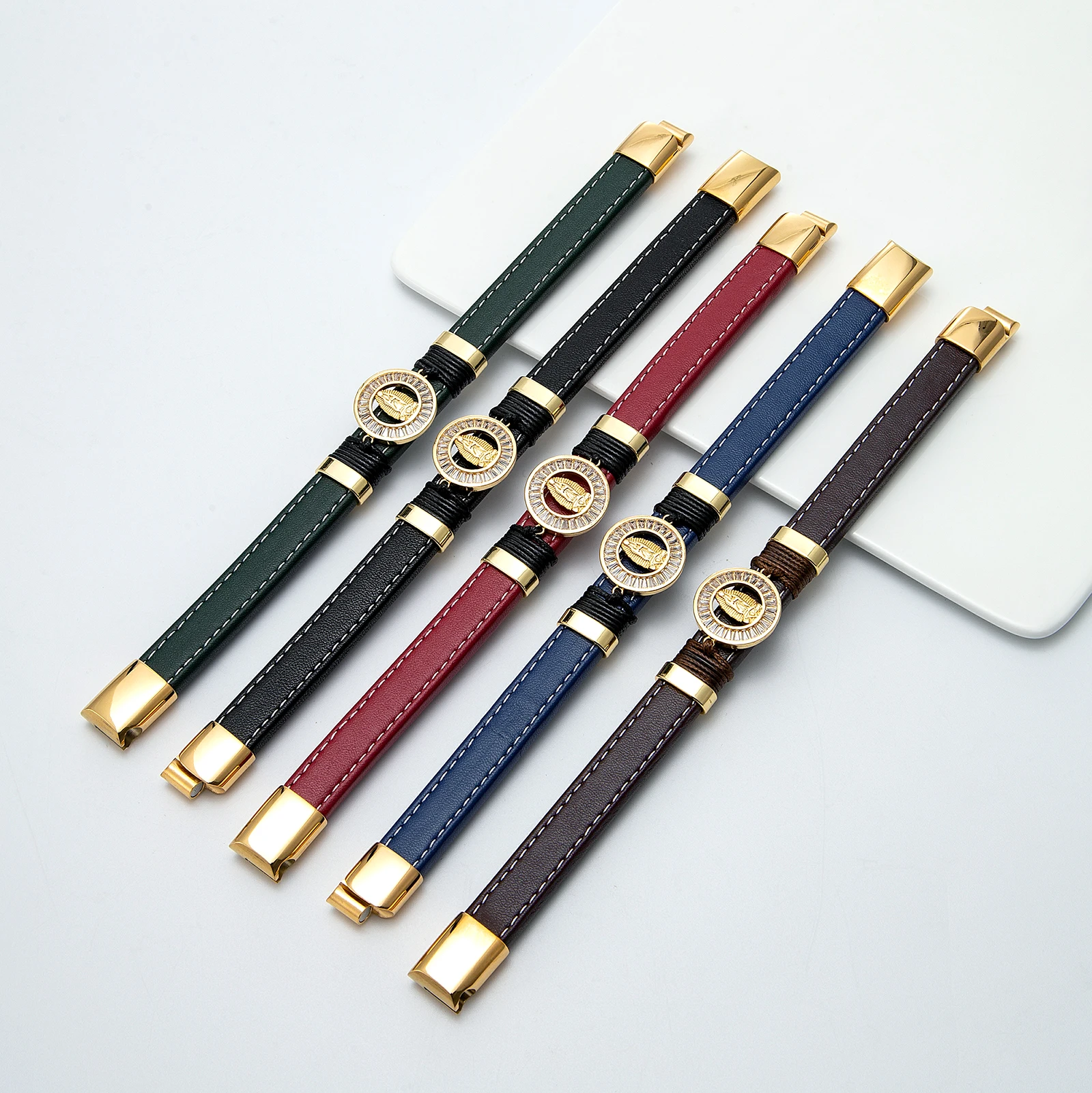 Fashion Match Micro Inlaid Zircon Virgin Goddess Charm Leather Bracelet Unisex Design Stainless Steel Bracelet bracelet jewelry