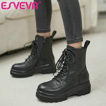 

ESVEVA 2021 PU+Genuine Leather Elegant Classic Fashion Square Low Heel Ankle Boots Platform Women Boots Lace Up Big Size 34-42