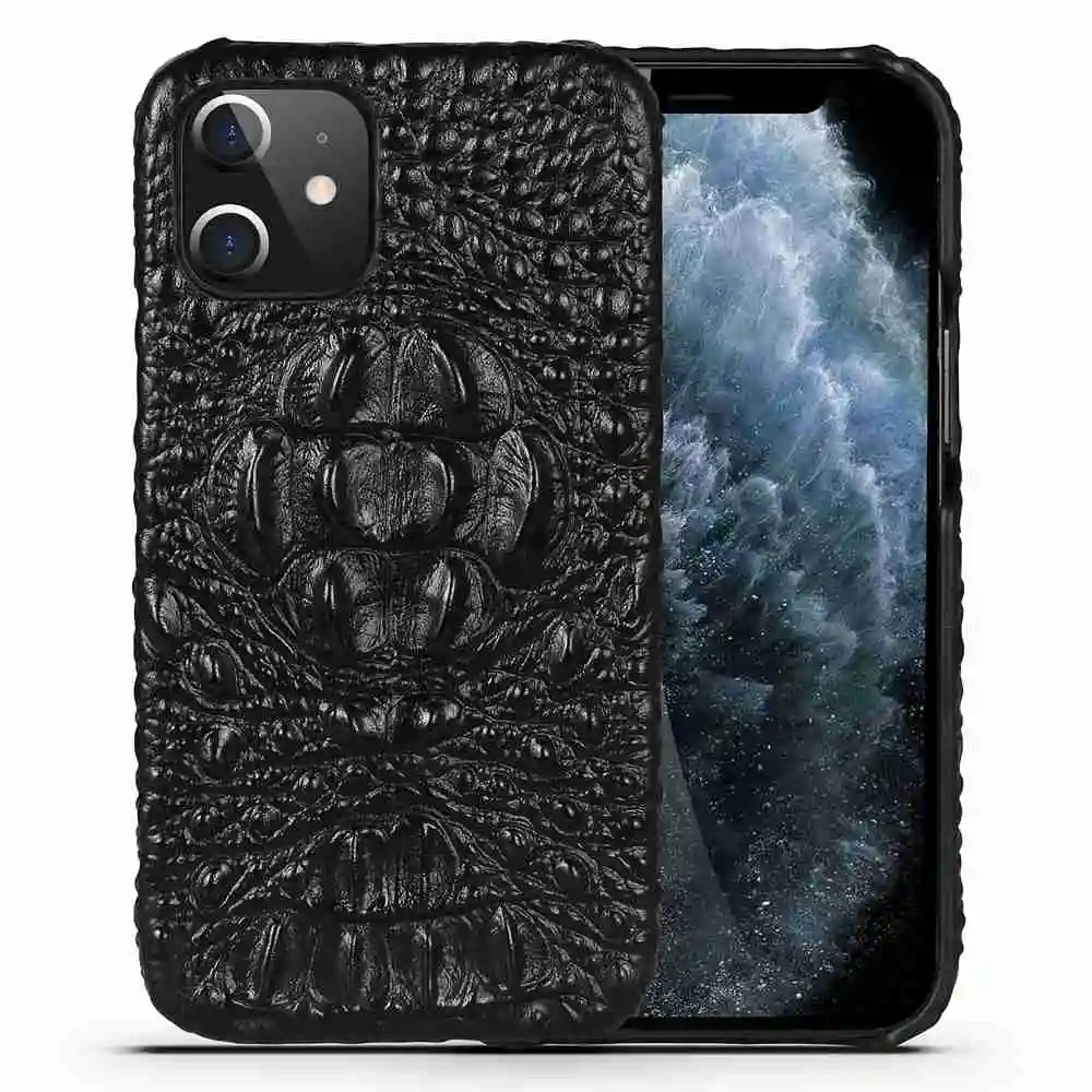 Genuine Cowhide Leather Case For iPhone 14 Pro Max 13 12 3D Crocodile Skull Grain Alligator Head Texture Hard Back Cover Funda