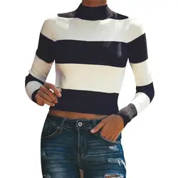 Женская водолазка, осень 2019, полосатый свитер, пуловер, Повседневный, универсальный, на бретельках, осенний, короткий топ, blusa de frio feminina