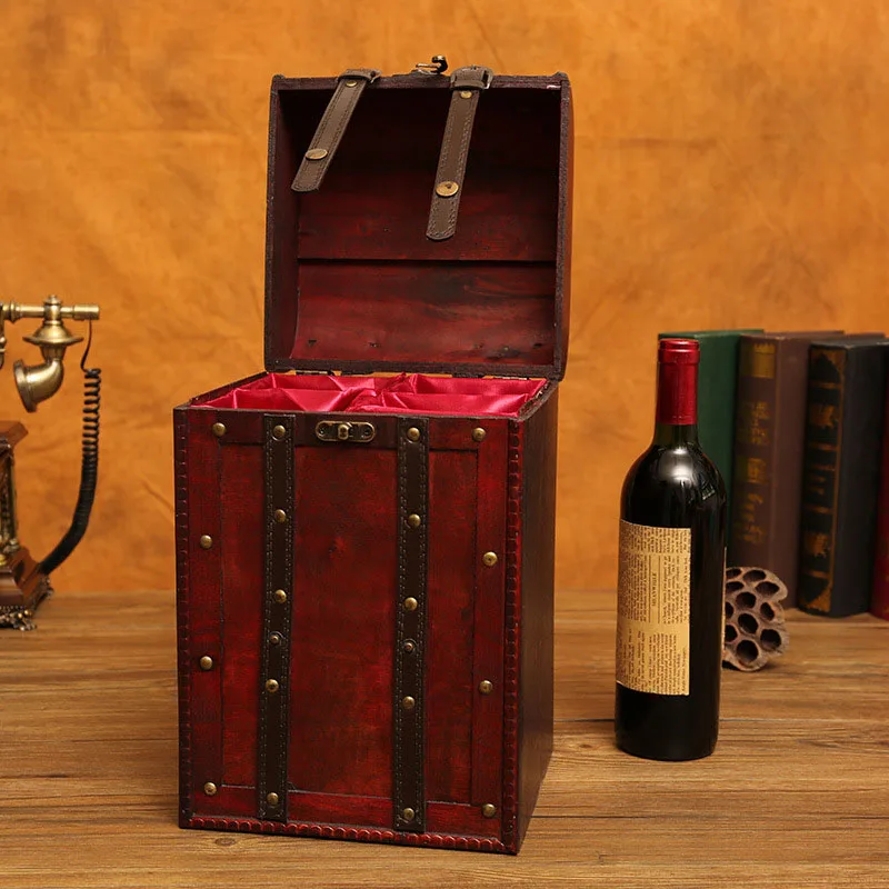 Vintage Wooden Red Wine Box Present Organizer Decorative Metal Lock Four Pack Storage Classical Leather Set | Дом и сад