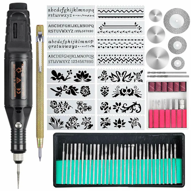 

1 Set Engraving Tool Kit Nail Manicure Micro Electric Jewelry Glass Wood Metal Ceramic Plastic with Scriber Accessories Stencils