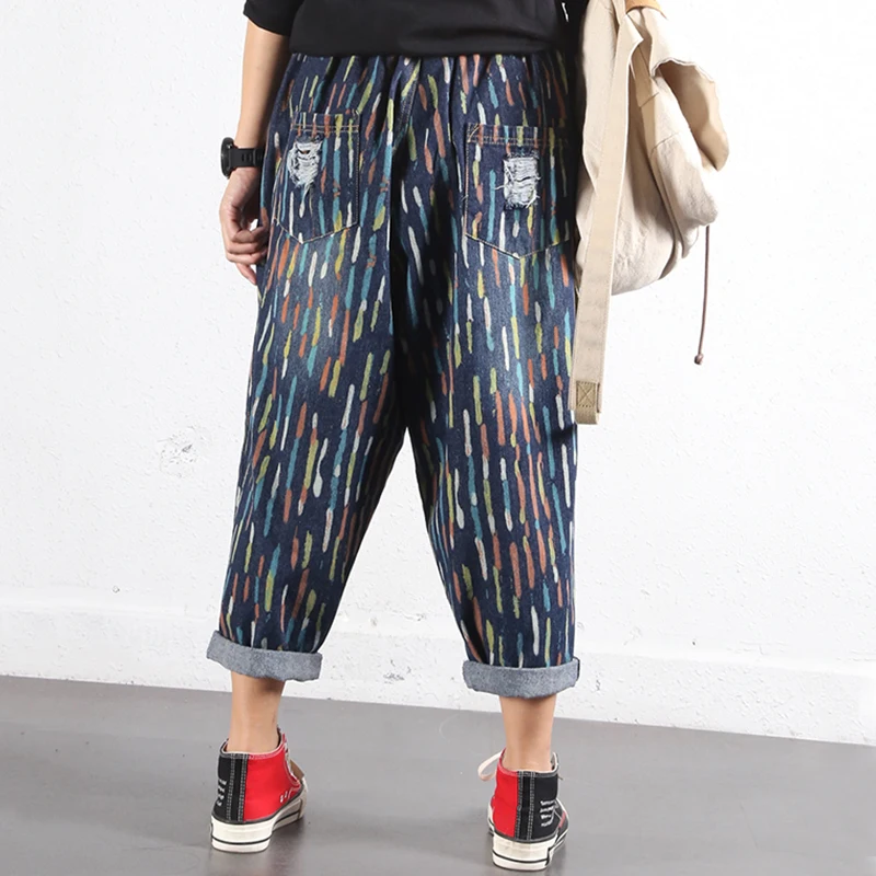 Уличная одежда; женские Разноцветные полосатые джинсы-шаровары с принтом; рваные джинсовые брюки; свободные брюки с эластичной резинкой на талии; брюки длиной до щиколотки