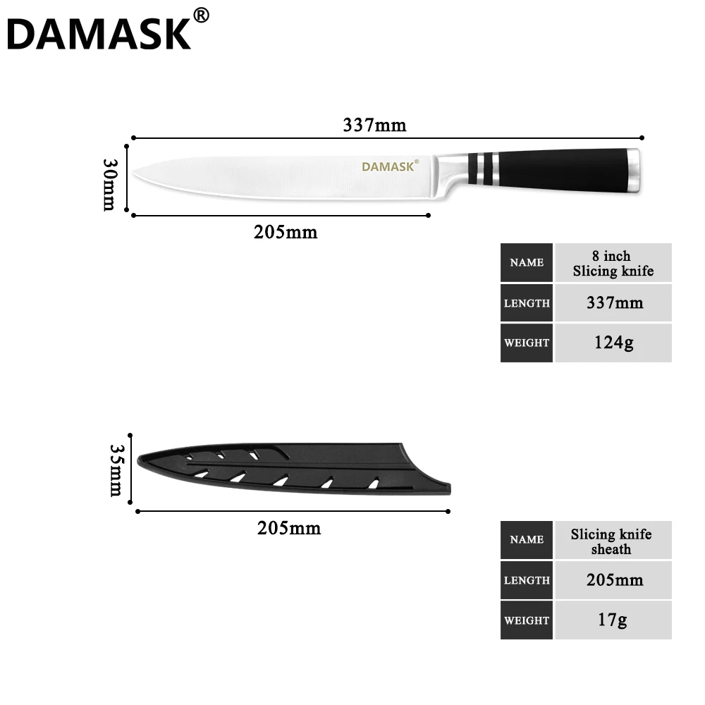 Damask 3Cr14 набор кухонных ножей из нержавеющей стали, Горячая, хорошее качество, 430 ручки, кухонные ножи с бесплатными сувенирные ножи, чехлы - Цвет: 8inch Slicing Knife