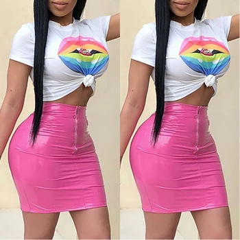 

Sexy PU Leather Mini Bodycon Skirts Women Summer Pink High Waist Slim Package Hip Short Skirts Club Party Pencil Skirts Female