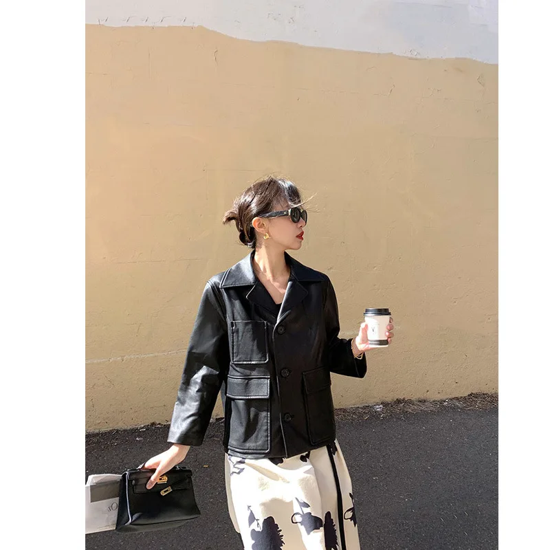 

Have Real Object Figure 2019 Early Autumn New Style Pu-Style Short Loose-Fit Turn-down Collar Coat Workwear Vintage Jacket Women