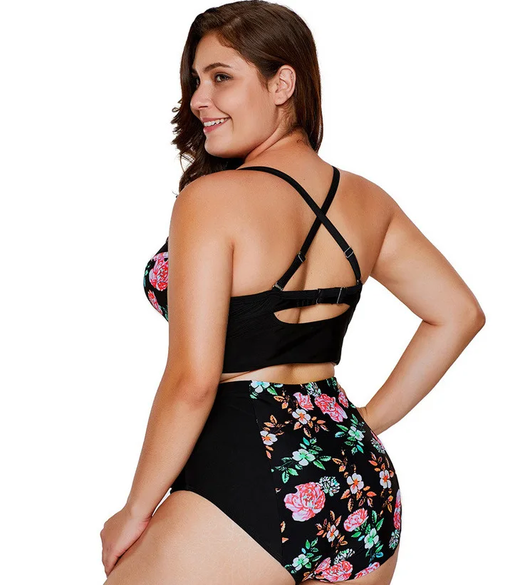 

2019 Europe And America New Style Large Size Printed Swimwear Digital Printing Fat Swimsuit High-waisted Swimwear