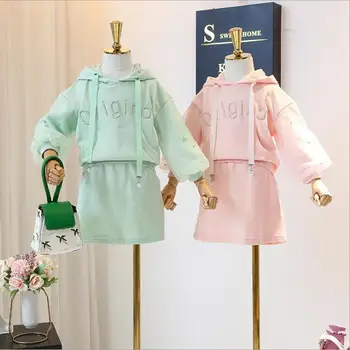

Spring Girls' fashion Sets 2020 Bubble sleeve nail bead Hooded girl's Top + Short skirt Children's 2pcs Sets Size 100-140cm