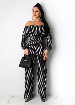 

Winter Women Wide Leg Jumpsuits Full Sleeve Slash Neck Dot Print Rompers Fashion Night Club Party One Piece Outfits