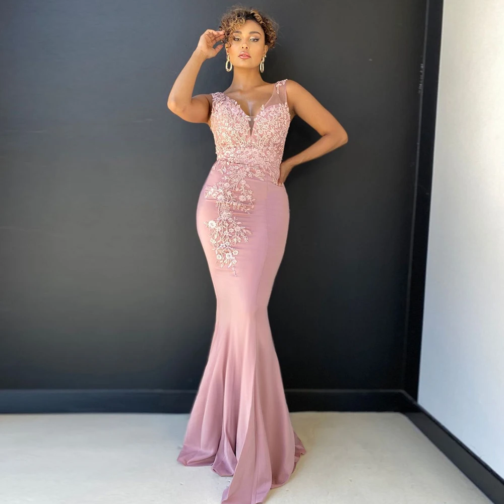 Pink Mermaid Evening Dresses 2025 Simple V-Neck Lace Applique Prom Gowns Elegant Satin Black Custom Party Dress robes de soirée 1