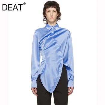 

DEAT 2020 trun-down collar full sleeves single breasted blue color asymmetrical high waist quality shirt female blouse WM20005L