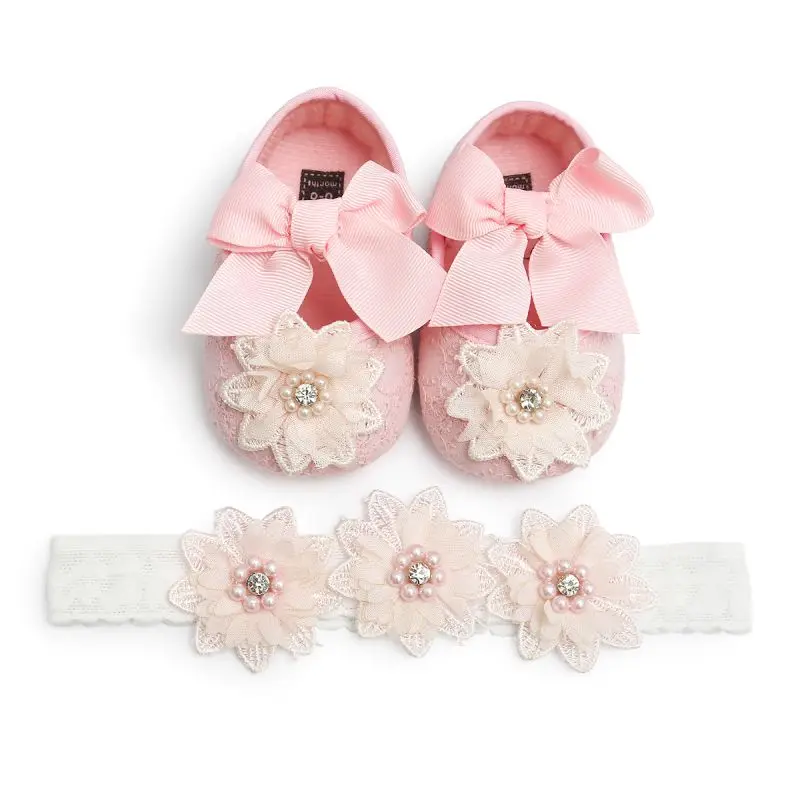 Комплект из 2 предметов для маленьких мальчиков и девочек; обувь с бантом+ повязка на голову; мягкая кружевная обувь с цветочным рисунком; весенняя обувь для малышей 0-18 месяцев - Цвет: P