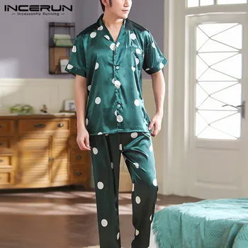 

Fashion Solid Color Nightwear Suits Mens Polka Dot Print Pajamas Sets Lapel Tops Summer Shorts Sleepwear Loose Homewear INCERUN
