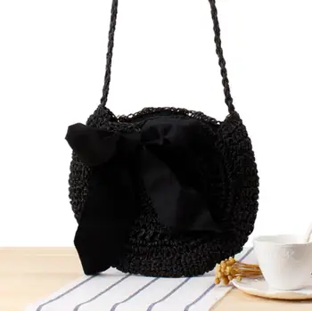 

Women Summer Round Straw Shoulder Bags Rattan Bag HandWoven Beach Crossbody Fashion Bow Hollow Travel Beach Girls Lady Phone Bag
