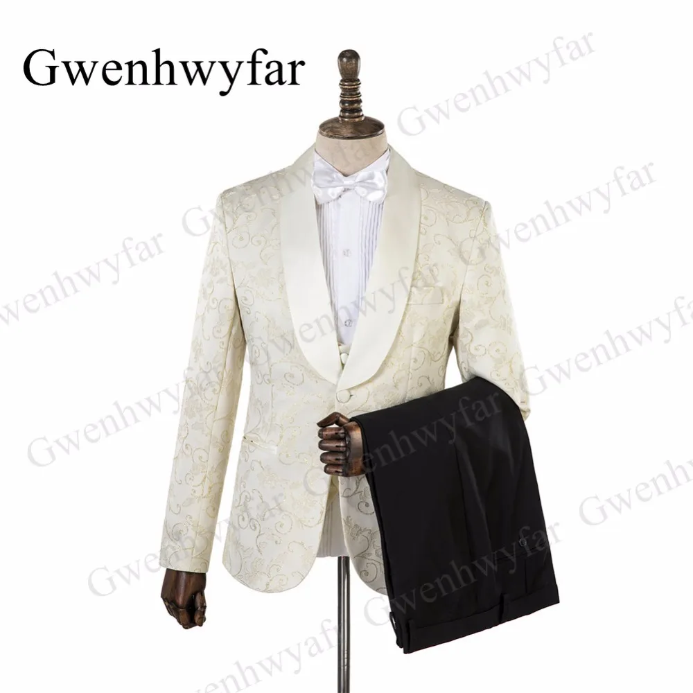 Gwenhwyfar 3 шт. мужские свадебные костюмы золотая линия Jacqaurd бежевый Блейзер деловые выпускные костюмы шаферы, Женихи мужские s смокинг