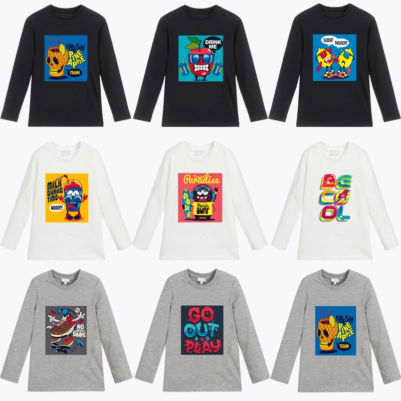 

Spring Autumn Trend Children's Shirt Fruit Print Long Sleeve Solid Color T-Shirt For Boy Happy Birthday Boys T Shirt Girls Tops