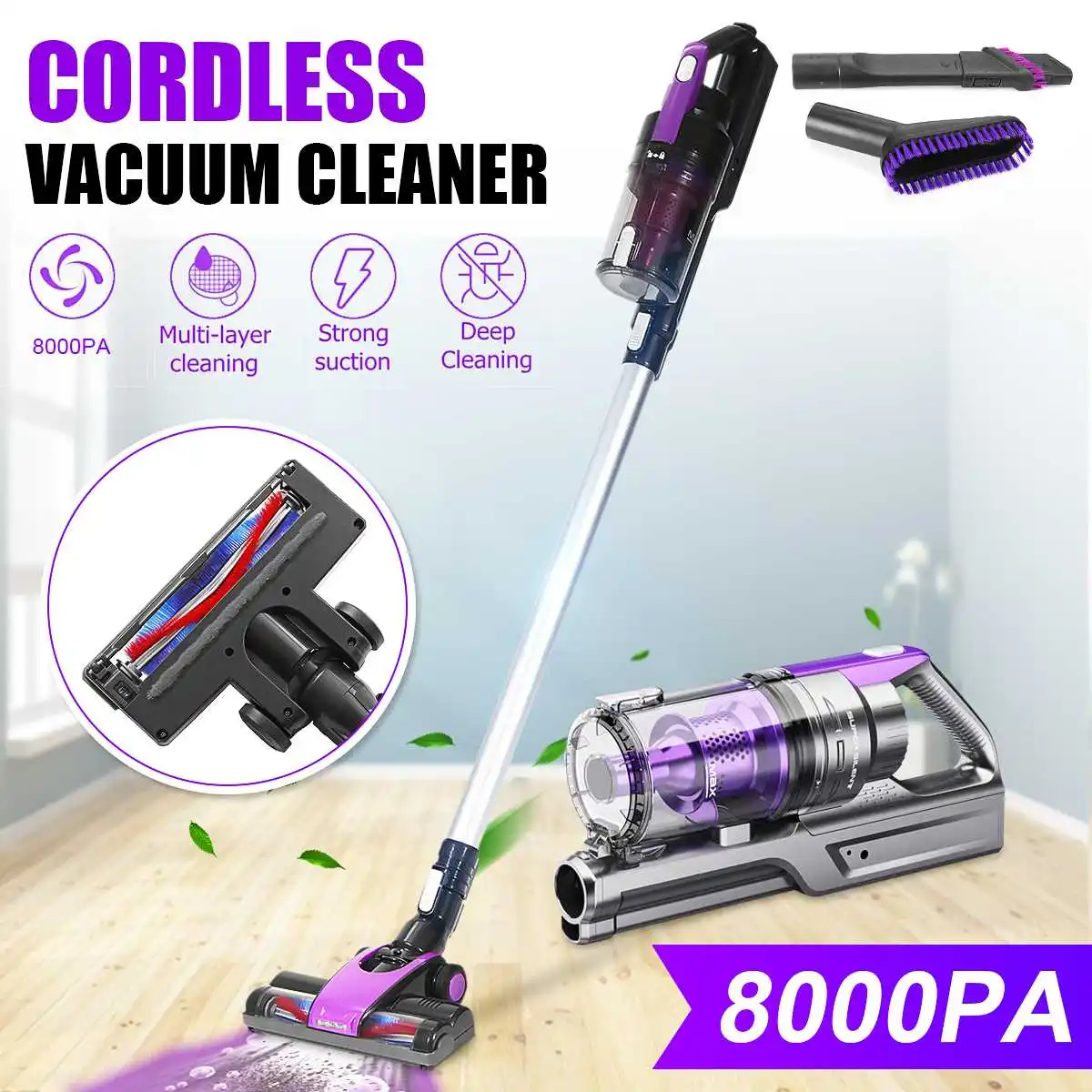 

120W low noise Portable Vacuum Cleaner Cordless Stick Vacuum-Power Suction 8000Pa Handheld Vacuum 2-in-1 Vacuum Motorized Brush