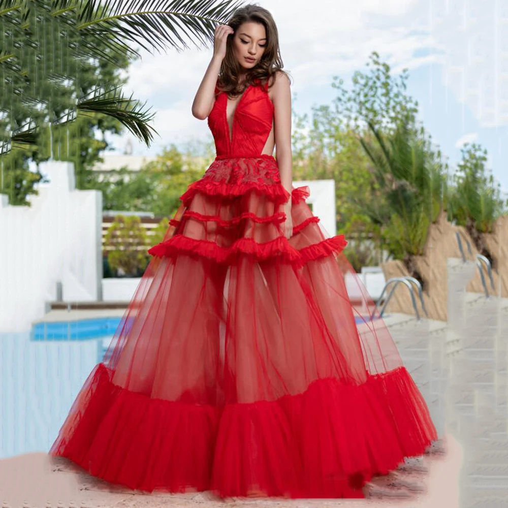 

Eightree Red See Through Prom Dresses Deep V Neck Illusion Back Evening Gowns Tiered Tiered Floor Length Formal Party Dress