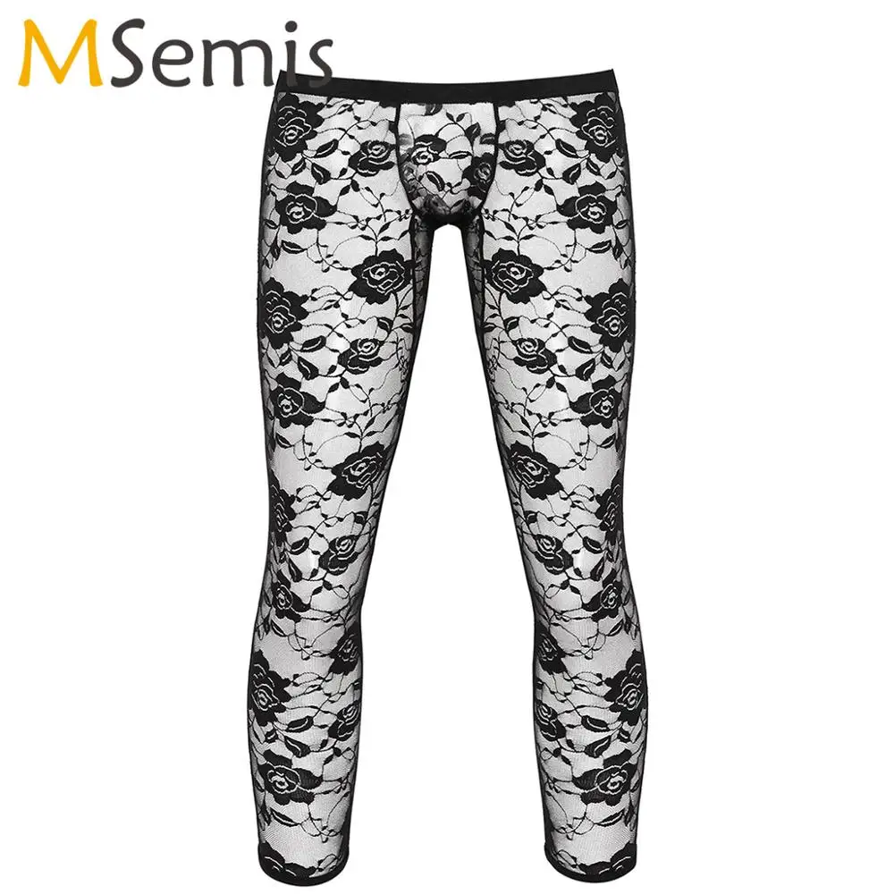 Mens Low Rise Bulge Pouch Tight Trousers Sexy Transparent Lace Floral Leggings Sissy Erotic Sheer Pants Fetis Gay Hot Nightwear