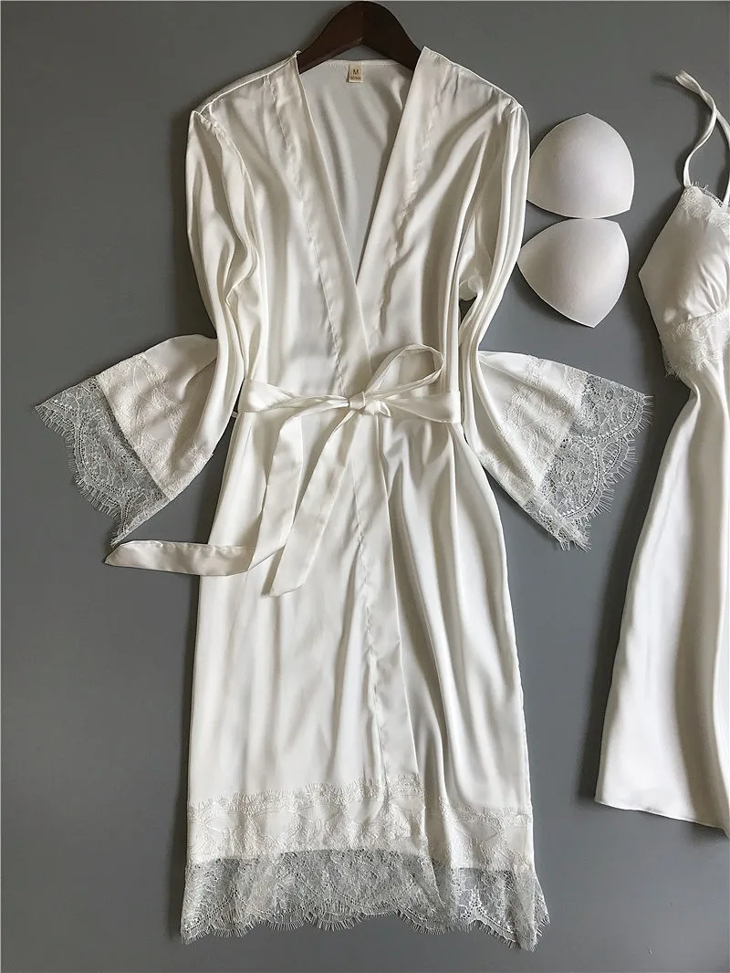 Весенне-летний женский халат и платье, наборы, Сексуальная атласная пижама для сна, шелковая пижама, Халат+ ночная сорочка, нагрудные накладки