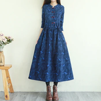 

2020 Vintage Ethnic Style Cotton And Linen Embroidery Dress Women Spring Autumn New Disc Buckle Loose Leaf Dress Women Q1264