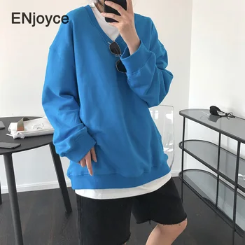 

New Oversize Female Loose Sweatshirt Spring Autumn 2020 Women Long Clothes Fashion Korean V Neck Pullover Vintage Blue Clothes