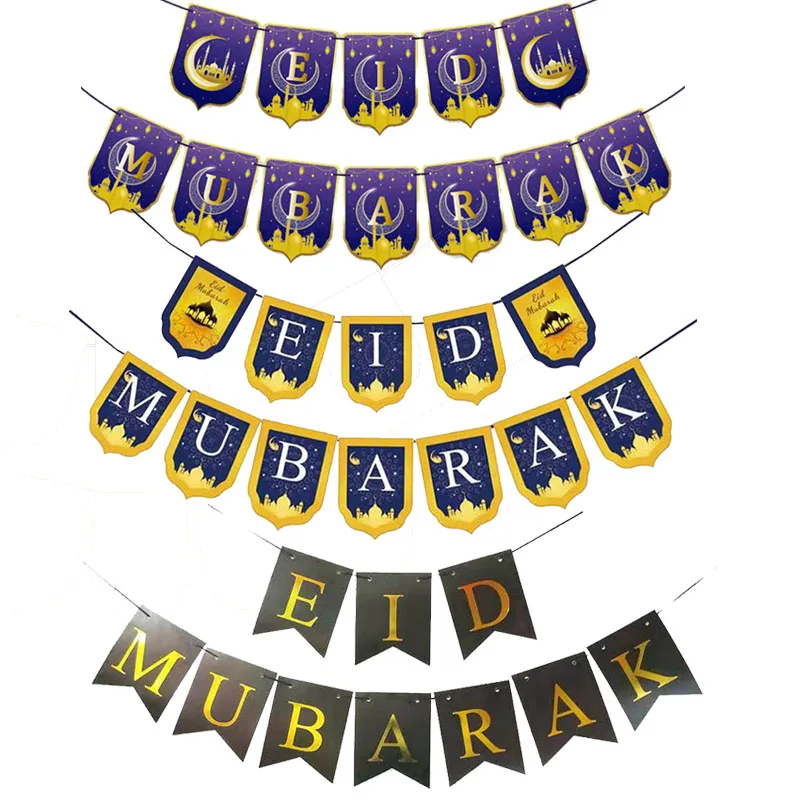 1set Gold Purple Eid Mubarak Banner Ramadan Islamic Muslim Party Decor Eid Decorations