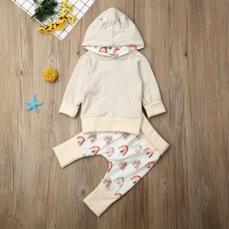 Infant Baby Boy Girl Autumn Clothes Hooded Tops Rainbow Stripes Long Pants Outfit Set Spring Clothing | Детская одежда и обувь