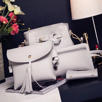 

4Pcs Women Handbag Bags Set Synthetic Leather Clutch Purse Shoulder Messenger Bag, Gray