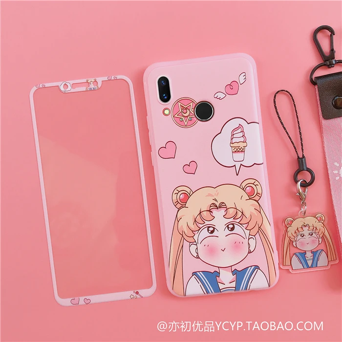Nova 5pro чехол sakura для huawei nove2s TPU чехол и переднее закаленное стекло для huawei nova 4E 3e 3I 3 чехол с ремешком Сейлор Мун - Цвет: case and film
