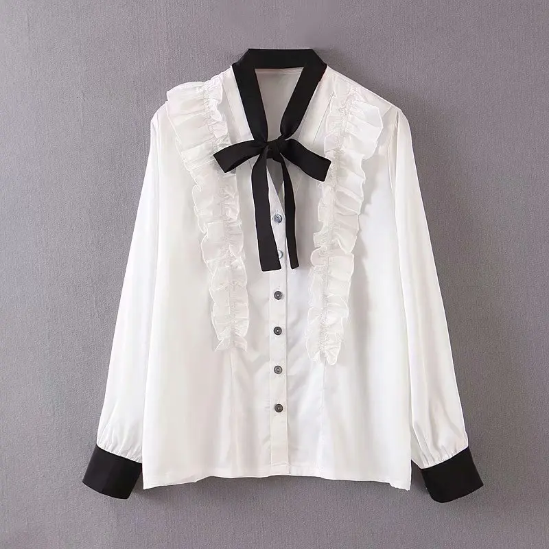 Белые рубашки с оборками, милые топы с длинным рукавом в стиле Лолиты, хит цвета, женские рубашки с бантом и пуговицами, топы в готическом стиле