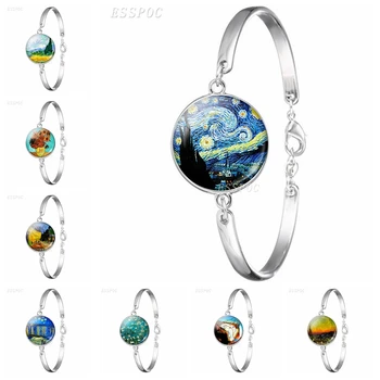 

Van Gogh Art Oil Metal Bracelet Men Women Fashion Glass Cabochon Dome Convex Starry Night Jewelry Sunflower Fashion Gift