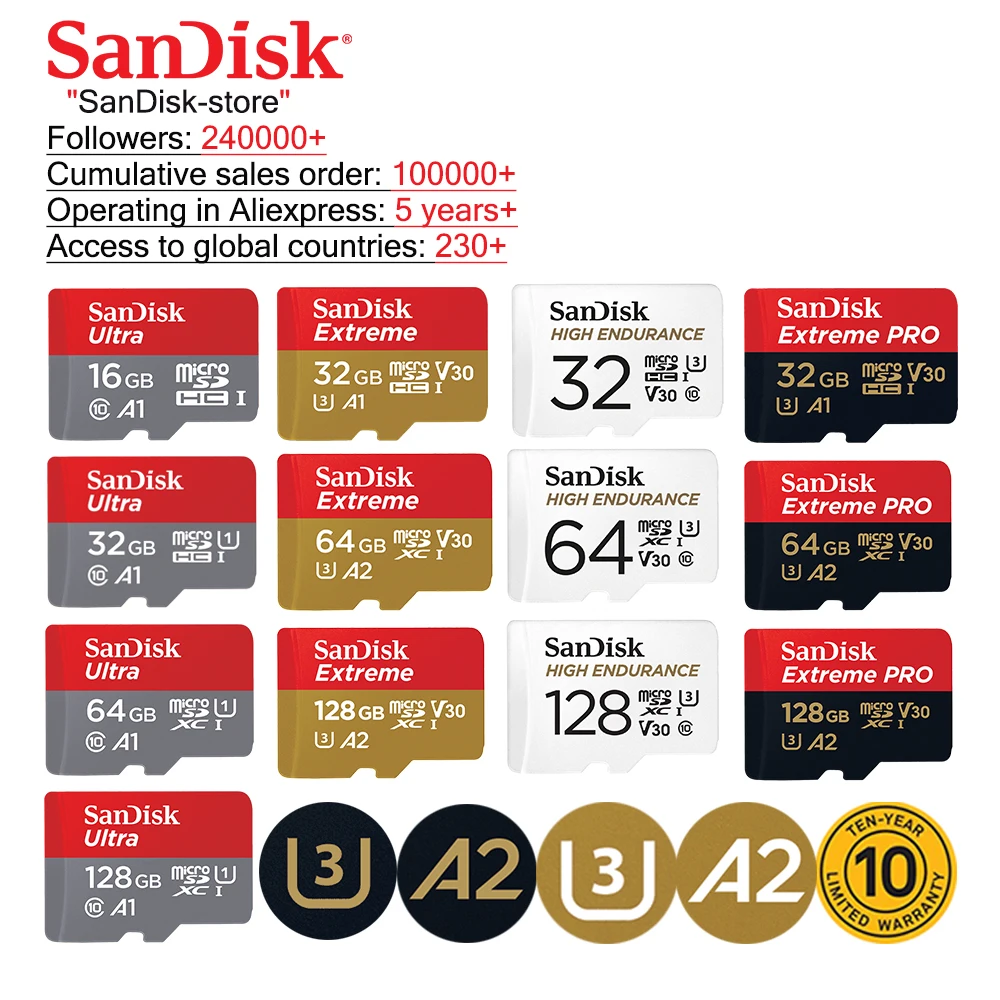 Карта памяти Microsd SanDisk A1A2 класс 10 16 ГБ 32 64 100% 128 u3 | Компьютеры и офис