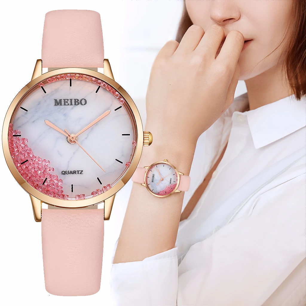 

Hot Fashion Women Leather Moving Diamond Marble Dial Watch Casual Luxury Ladies MEIBO Quartz Analog Watches Clock