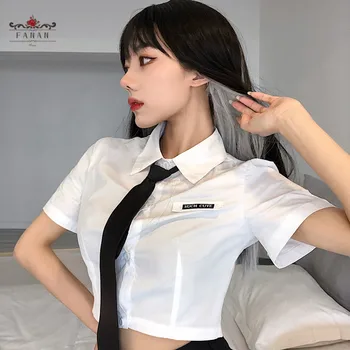 

Women Shirt Crop Tops Tie Blouse for Girls Short Sleeve Sexy Short Tops Summer Casual White Office Bottoming T-shirt Female Tees