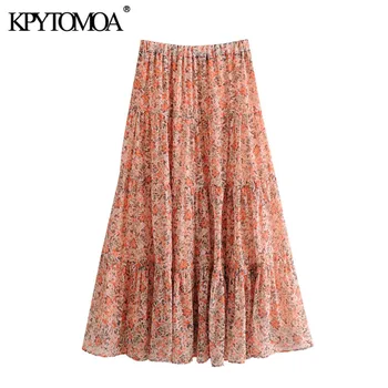 

KPYTOMOA Women 2020 Chic Fashion Floral Print Pleated Midi Skirt Vintage High Elastic Waist With Lining Female Skirts Mujer