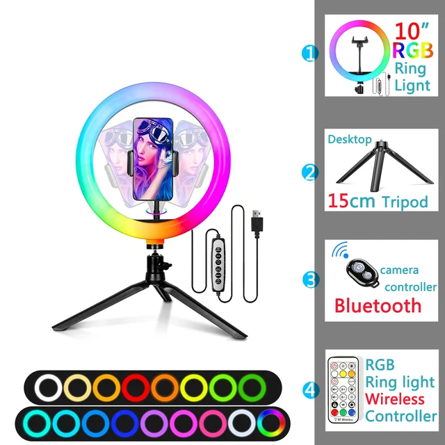 12in 30cm Selfie Ring Light RGB Tripod Phone Stand Holder Photography RingLight Circle Fill Light Led Color Lamp Trepied Makeup 10in RGB Type 5
